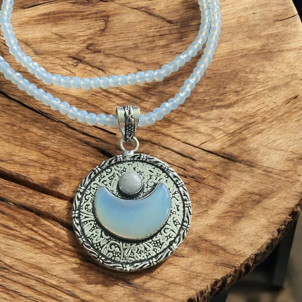 MOON Opalite Sterling Silver overlay Beaded Pendant Necklace - Picture 2 of 3